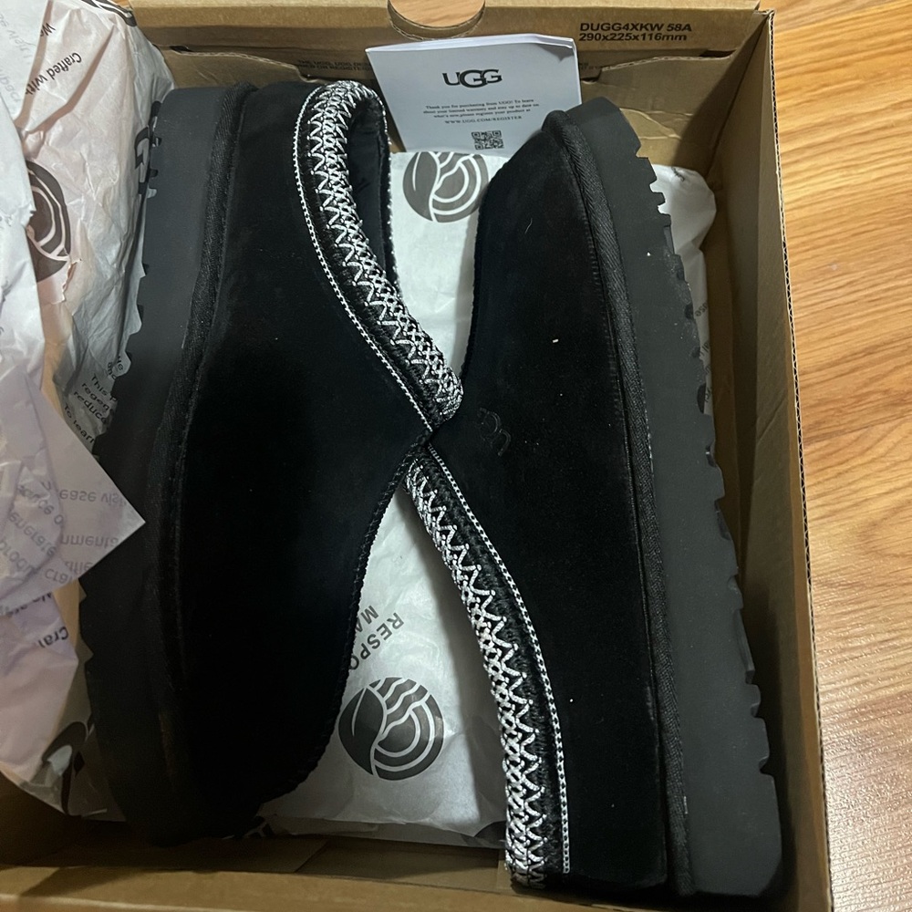 UGG Black Suede Slip-Ons with White Trim